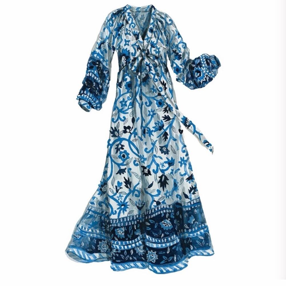 J. Peterman Company English Garden Caftan - Blue Multi - Small